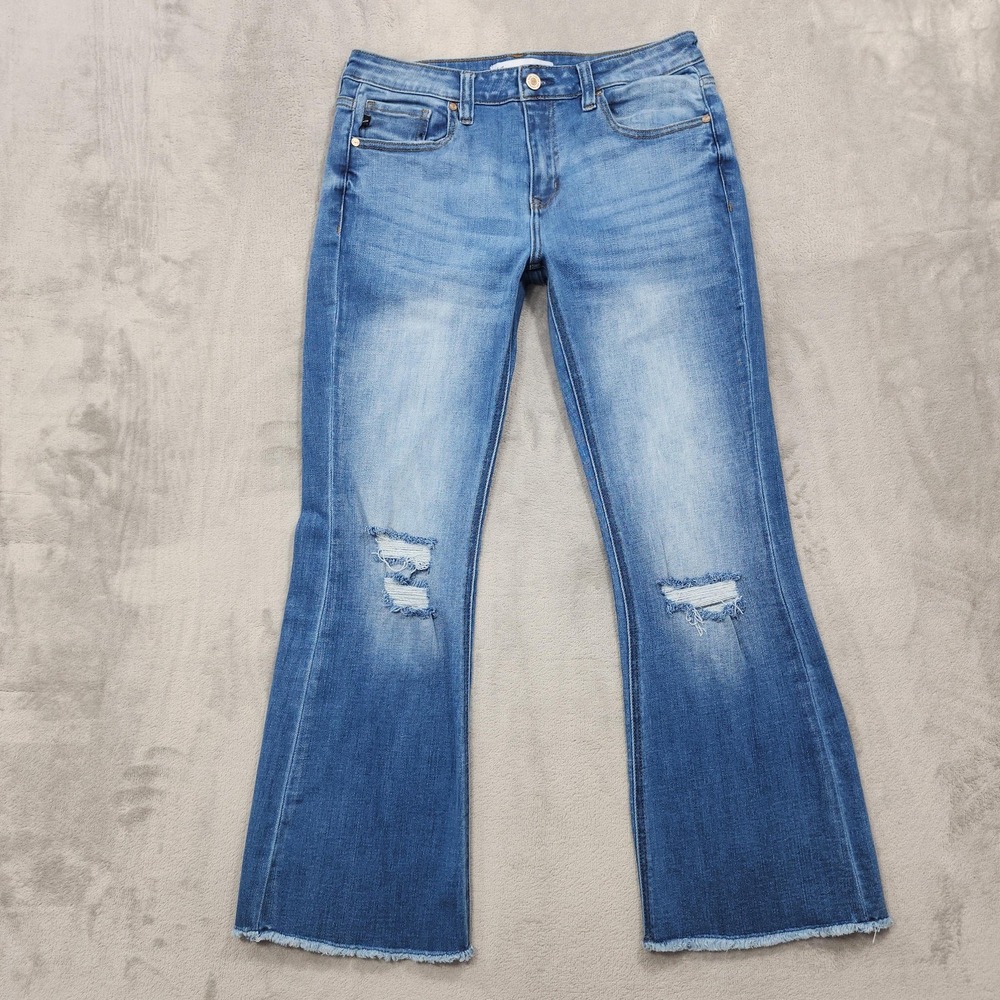 KanCan Jeans Womens 28 Blue Mid Rise Slim Flare Raw Hem Crop Distressed Stretch